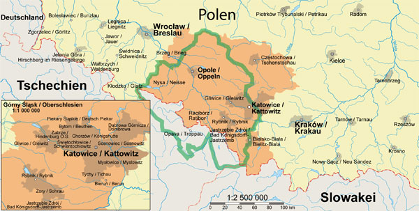Historisches Oberschlesien (grün) und heutige Woiwodschaften Oppeln / Schlesien (orange)